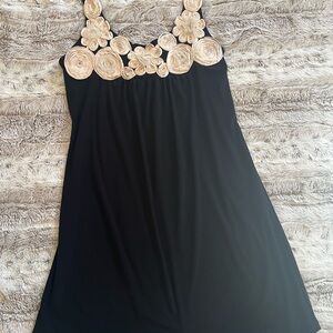 Women’s Black Mini Dress with Cream Floral Accents, Size L